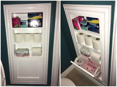 two pictures of the inside of a refrigerator with toilet paper and tissue rolls in it