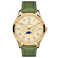 Orrin | Gold-Tone Moonphase Watch With Gold-Tone Dial & Forest Green Leather Strap | In stock! | Fawler Dark Hands, Moonphase Watch, Mens Glasses Fashion, Leather Watch Box, Digital Closet, Gold Watch Men, Telling Time, Mens Gold, Book Ideas