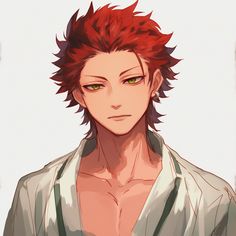 an anime character with red hair and green eyes