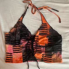 Orange, Black, And Purple Halter Crop Top With Adjustable Ties. Never Worn! Black Y2k Top For Beach, Y2k Black Tops For Beach, Black Y2k Beach Tops, Black Y2k Style Tops For Beach, Shifting Closet, Purple Halter, Top Ideas, Black And Purple, Halter Crop Top