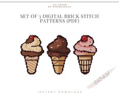 three ice cream cones are shown with the text set of 3 digital brick stitch patterns pdp