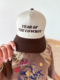 "Year Of The Cowboy Cap" is available in a BROWN AND CREAM HAT with BROWN EMBROIDERED STITCHING. Cream Hat, The Cowboy, Cowboy, Stitching, Cream, Hats, Clothes For Women, Pink, Clothes