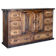 an old wooden dresser with many drawers and knobs on the doors, isolated against a white background