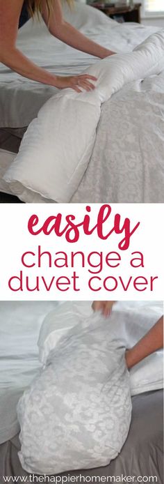 a woman laying on top of a bed under a white comforter with the words easily change a duvet cover