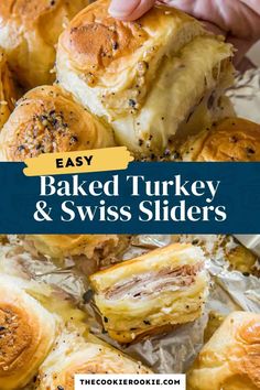 baked turkey and swiss sliders with text overlay