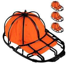 an orange baseball hat with black wire around it