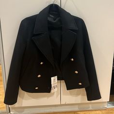 Brand New. Bought A Month Ago But Never Got To Wear It. Slightly Too Big For Me Black Coat With Gold Buttons Chic Fitted Black Pea Coat, Chic Black Pea Coat With Long Sleeves, Chic Black Pea Coat With Pockets, Poncho Coat Cape, Tweed Blazer Women, Zara Leather Jacket, Long Peacoat, Floral Print Blazer, Faux Suede Moto Jacket