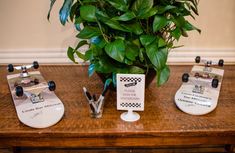 there are three different types of skateboards on the table next to a potted plant