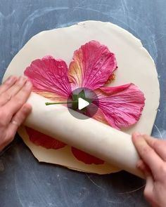 someone is decorating a flower with white icing and pink flowers on top of it