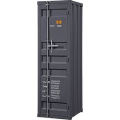 a tall gray container with metal handles and doors on the front, sitting upright against a white background