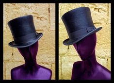 "Victorian style top hat in fine hare melousine, dome h 15 cm, brim 5 cm, outer ribbon in black silk h 4 cm, interior lined in white satin, internal sweat band in soft black leather. Entirely hand-made and sewn, the brim has the typical \"curl\" with the grosgrain finish sewn and turned used for the top hats and bowler hats of the 19th century." Bowler Hat, White Satin, Movie Photo, Top Hat, Soft Black, Black Silk, Victorian Fashion, Caps Hats, Top Styles