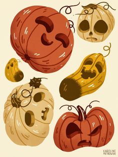 an image of halloween pumpkins with faces drawn on them in different colors and shapes