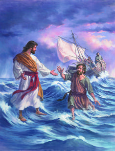 jesus walking on the water with two men