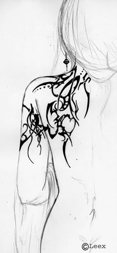 a black and white drawing of a woman's back with tattoos on her arm