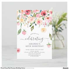 an elegant floral birthday party with pink flowers and greenery on the front, white card reads celebrating amanda's 10th birthday