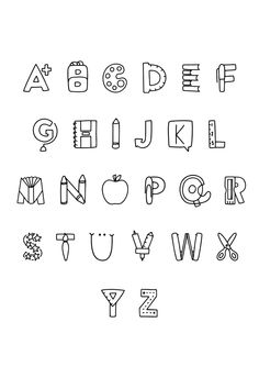 the alphabet is outlined in black and white