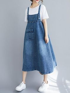 Non-stretch Denim Dress With Pockets, Blue Denim Dress With Pockets, Casual Blue Denim Dress With Pockets, Spring Blue Denim Dress With Pockets, Blue Knee-length Denim Dress With Pockets, Non-stretch Washed Blue Denim Dress, Non-stretch Cotton Denim Dress In Denim Blue, Washed Blue Cotton Denim Dress, Blue Non-stretch Casual Denim Dress