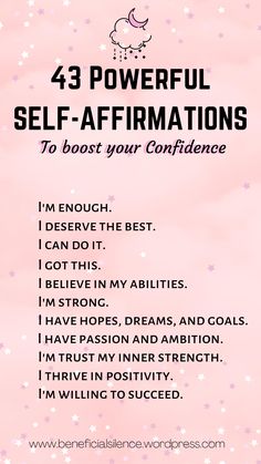 a pink background with the words, 43 powerful self - affirmations to best your confidence