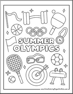 the coloring page for summer olympics is in black and white, with an image of sports equipment