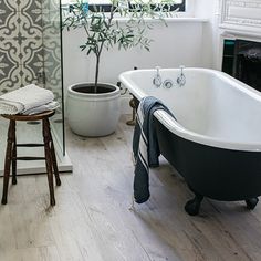 a bath tub sitting next to a wooden stool in a white and black bathroom with an olive tree