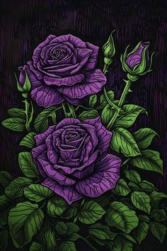 two purple roses with green leaves on a black background