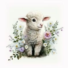 a sheep sitting in the middle of flowers and daisies on a white background,