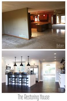 before and after photos of a kitchen remodel in an empty house with wood flooring