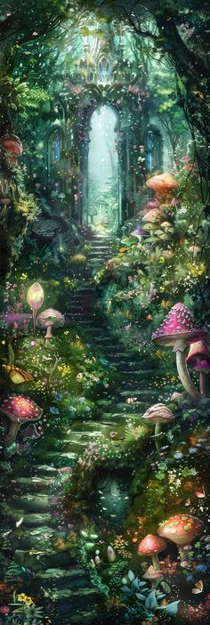 an image of a fantasy forest with mushrooms and water lilies in the foreground