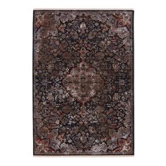 a rug with an ornate design on the front and back side, in brown tones