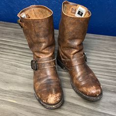 Frye Brand, Very Worn In & Very Distressed “Veronica” Round Toe With Buckle , Short, Pull On Boots, Natural Wooden Stacked Heel- Heel Height 1.5”. Some Wear On Tread As Seen In Pics And Distressing/ Scuffing To Leather (Price Is Reflective). Please Look At All Pics And Comment Below With Any Questions. Size 7.5b Frye Veronica, Frye Shoes, Pull On Boots, Short Boots, Stacked Heel, Bootie Boots, Heel Height, Ankle Boots, Buckle