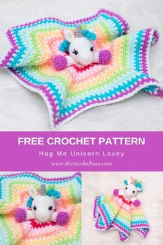 crochet pattern for a baby blanket with a teddy bear on it and the text, free crochet pattern hug me unicorn lovey