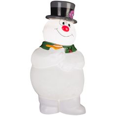 a plastic snowman with a top hat and scarf on it's head, standing upright