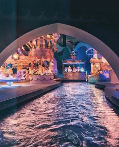 an amusement park is lit up at night with lights on the rides and water in the foreground