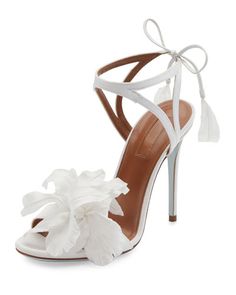 X3HM3 Aquazzura Floral Satin Bridal 105mm Sandal, White Bridal Shoes Sandals, Bride Sandals, Wedding Shoes Sandals, White Bridal Shoes, Perfect Wedding Shoes, White Sandals Heels, Bridal Sandals