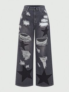 Cute Pants For Women, Soft Punk Outfits, Grunge Trousers, Shirt With Holes, Stars Clothing, Star Clothes, Emo Jeans, Large Jeans, Grunge Pants