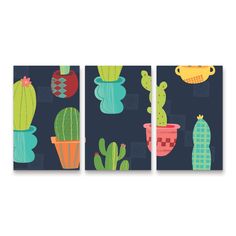 three canvases with cactus and succulents on them, one is blue