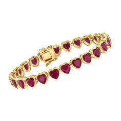 Ross-Simons - 18.00ct t. w. Ruby Heart Tennis Bracelet in Gold Over Sterling. 7". An RS exclusive. Rich in color and classic in style, this fiery 18.00 ct. t. w. heart-shaped ruby tennis bracelet is a charming addition to your everyday stacks. Crafted in polished 18kt yellow gold over sterling silver. Double-latch safety. Box clasp, ruby heart tennis bracelet. Ruby birthstones are the perfect gift for July birthdays. Ruby Tennis Bracelet In Yellow Gold For Anniversary, Yellow Gold Ruby Tennis Bracelet For Anniversary, Anniversary Ruby Tennis Bracelet In Yellow Gold, Luxury Heart Cut Tennis Bracelet, Classic Heart Cut Tennis Bracelet For Anniversary, Classic Heart-shaped Bracelets For Valentine's Day, Luxury Bracelets For Anniversary And Valentine's Day, Classic Heart Bracelets For Valentine's Day, Classic Heart-shaped Valentine's Day Bracelets