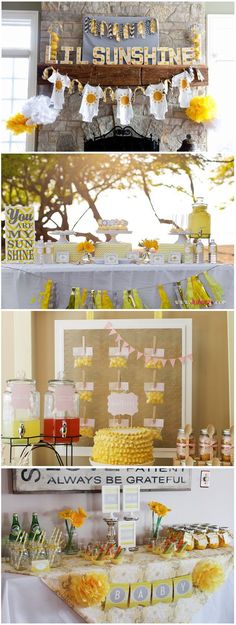 the dessert table is decorated with yellow and white decorations