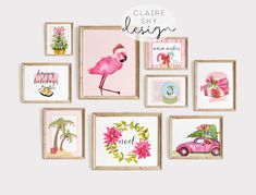 a group of framed pictures with pink flamingos and flowers on the wall above them