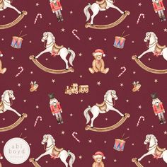 a christmas themed pattern with horses and presents on red background that includes candy canes, santa's sleigh