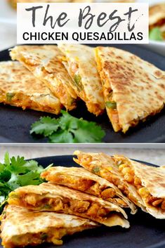 chicken quesadillas cut in half on a plate