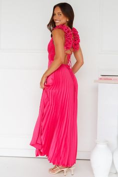 Length from shoulder to hem of size S: 137cm. Chest 41cm, Waist 32cm, across front only of size S. Midi dress. Semi-lined. Model is a standard XS and is wearing size XS. True to size. Non-stretch. Satin. Pleated. Crisscross back. Frill detail shoulder straps. Flowy skirt. Elastic back. Zipper. Cold hand wash only. Polyester. Enter the party and impress, lovely. The Something Special Satin Midi Dress features a gorgeous crisscross back, frill detailed shoulder straps and a flowy skirt. Style with Rose Fushia, Midi Dress Pink, Bridal Shower Dress, Shower Dresses, Satin Midi Dress, Long Sleeve Lace Dress, Skirt Style, Pink Midi Dress, Dress Girl