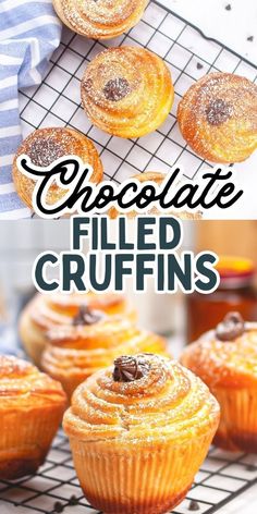 chocolate filled crufffins on a cooling rack with the words chocolate filled cruffles above them