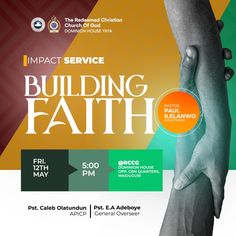 the poster for impact service building faith, featuring two hands holding each other's arms