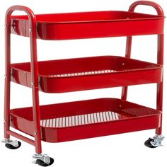 a red trolley with three shelves on wheels