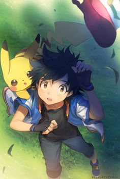 an anime character with black hair and blue eyes is carrying a yellow pokemon pikachu