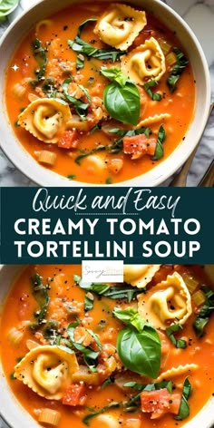 two bowls of creamy tomato tortellini soup