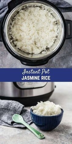 instant rice in an instant pressure cooker with spoons next to it and text overlay that reads instant pot jasmine rice