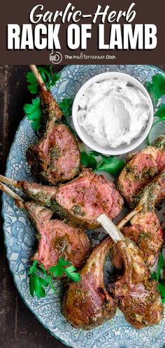 garlic herb rack of lamb on a plate with ranch dip