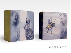 two canvases with pictures of animals and bees on them